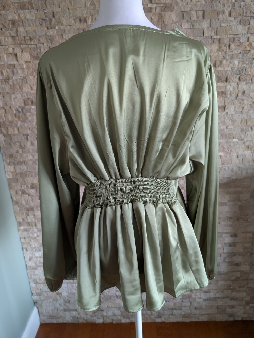 Satin Tailored Sage Green Long Sleeve V Neck Blouse Quiet Luxury Smocked Sz XXL image 3